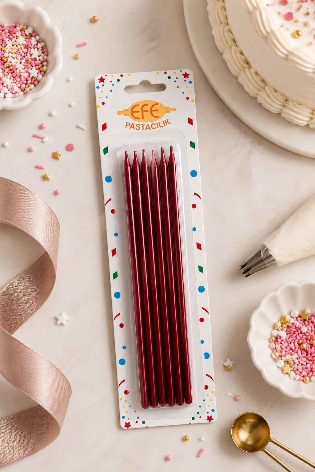 Kırmızı Metalik Uzun Pasta Mumu 20 Cm