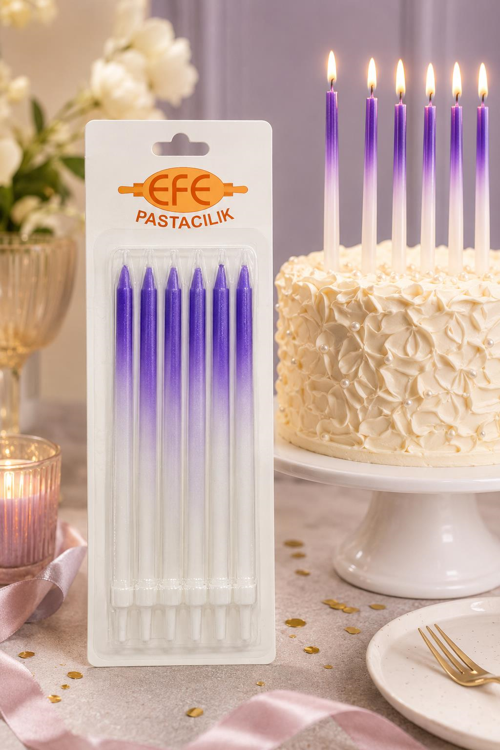 Metalik Beyaz Mor Uzun Pasta Mumu 17 Cm
