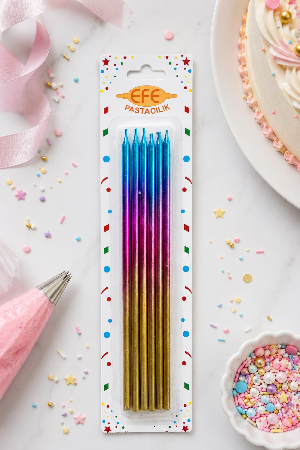 Metalik Gold Pembe Mavi Uzun Pasta Mumu 20 Cm