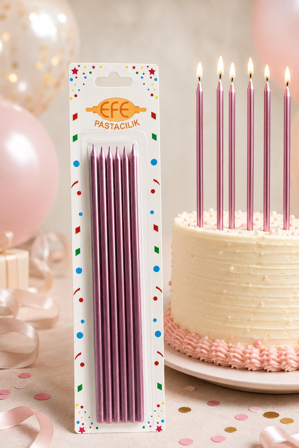 Metalik Rose Gold Pembe Uzun Pasta Mumu 20 Cm