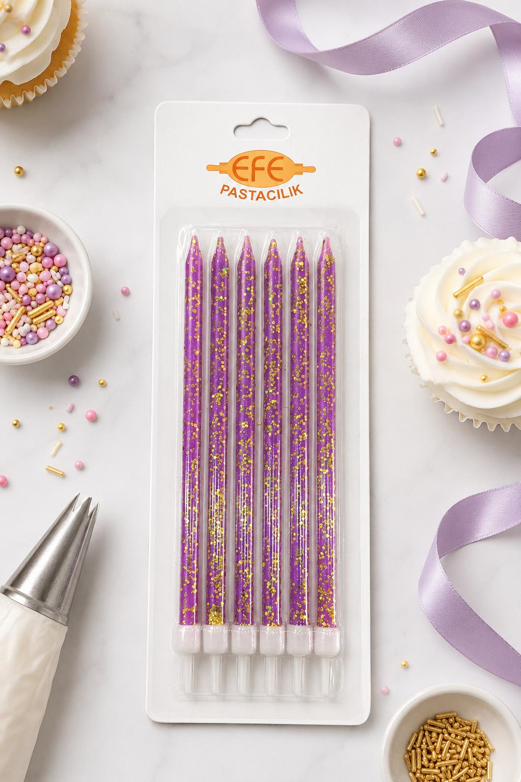 Mor Gold Simli Uzun Pasta Mumu 17 Cm