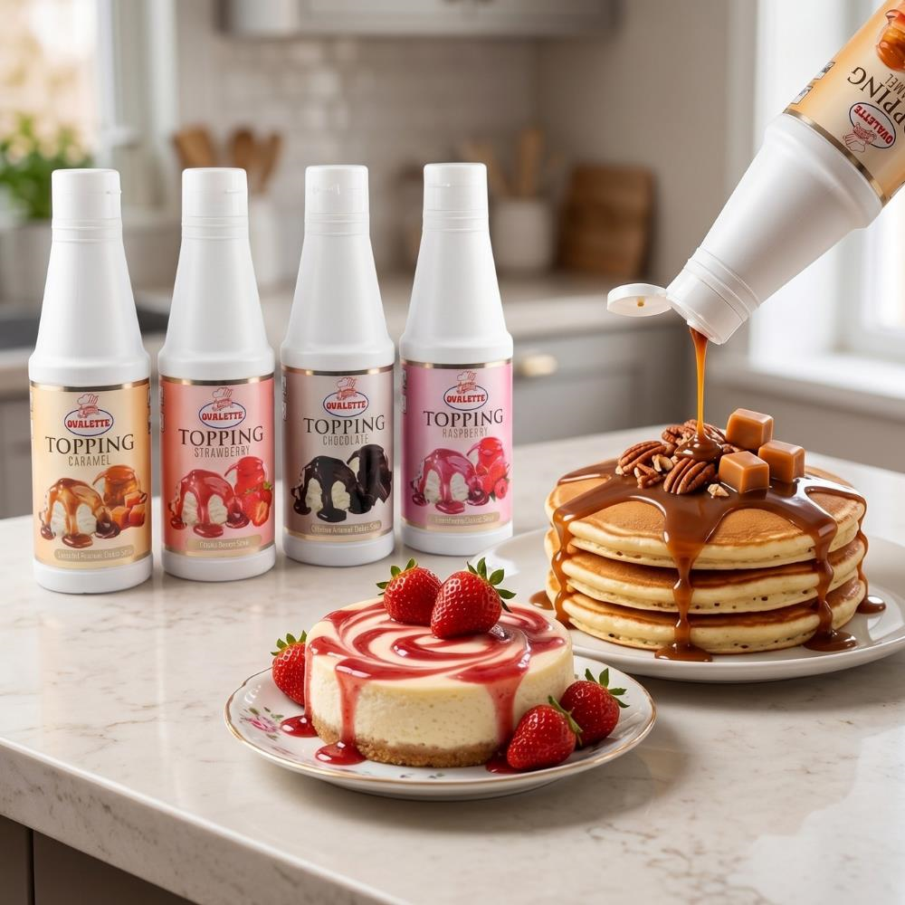 Ovalette Topping 4lü Sos Seti Çilek, Karamel, Çikolata ve Frambuaz 1 kg - Waffle, Pancake ve Tatlı Sunumları için Profesyonel Sos Seti