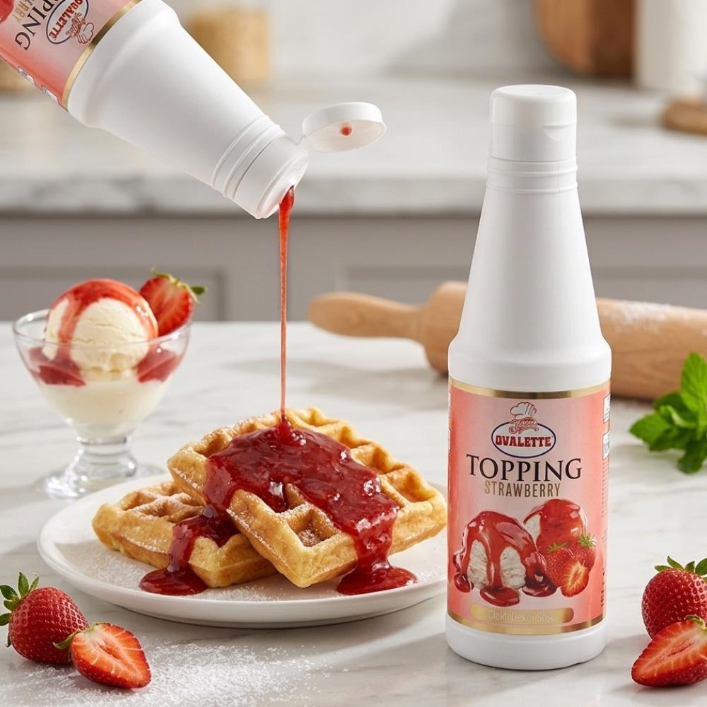 Ovalette Topping Çilek Sosu 1 kg - Waffle, Pancake, Tatlı ve İçecekler için Yoğun Çilek Aromalı Topping