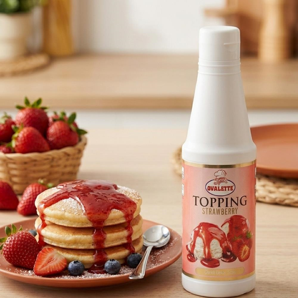 Ovalette Topping Çilek Sosu 1 kg - Waffle, Pancake, Tatlı ve İçecekler için Yoğun Çilek Aromalı Topping