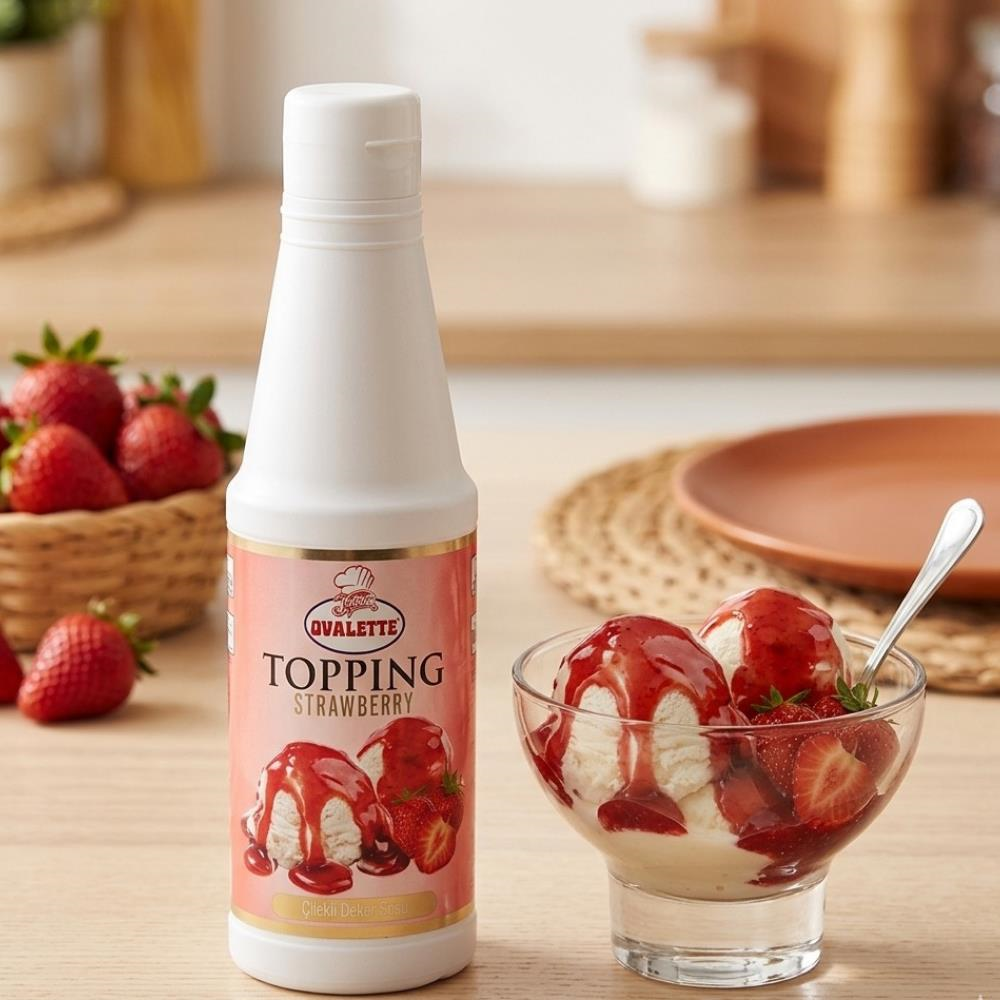 Ovalette Topping Çilek Sosu 1 kg - Waffle, Pancake, Tatlı ve İçecekler için Yoğun Çilek Aromalı Topping