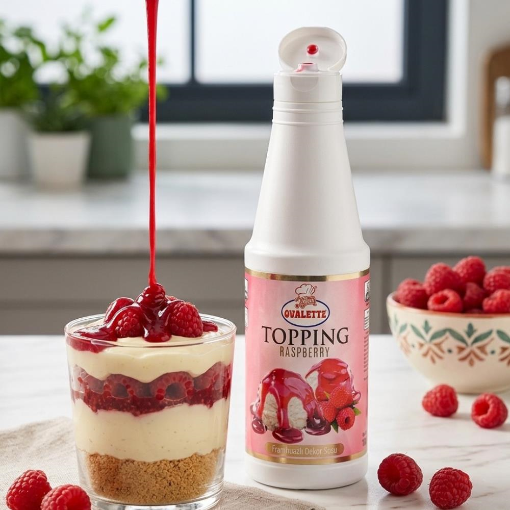 Ovalette Topping Frambuaz Sosu 1 kg - Tatlı, Waffle, Pancake ve İçecekler için Yoğun Meyve Aromalı Topping