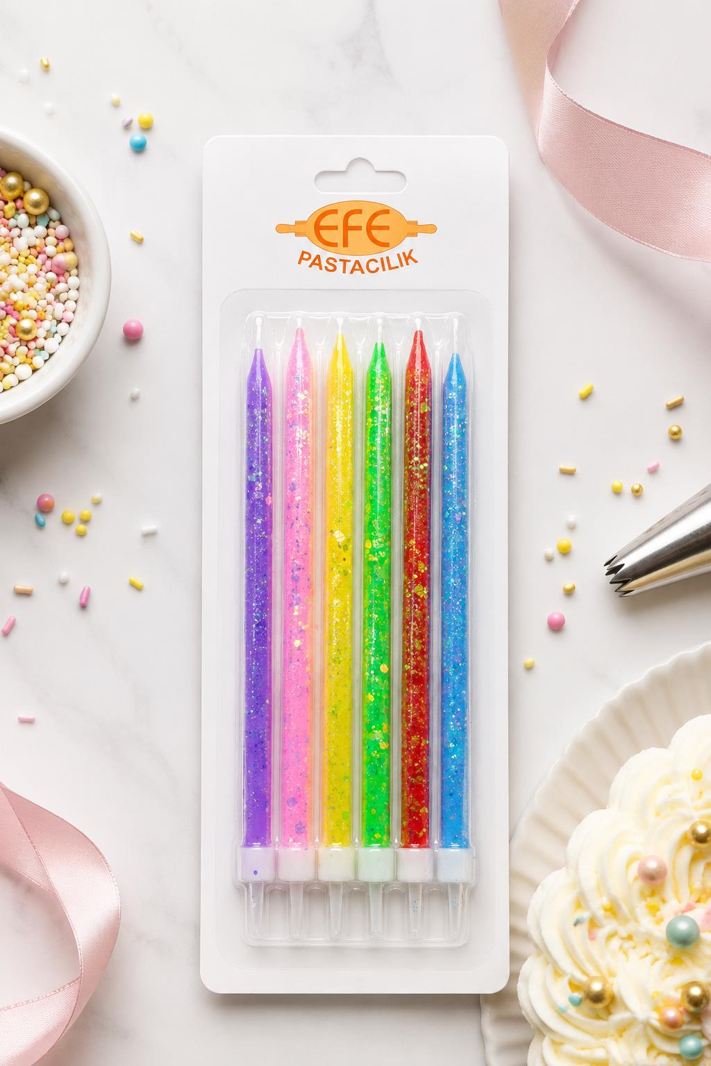 Uzun Pul Simli Karışık Renkli Pasta Mumu 17 Cm
