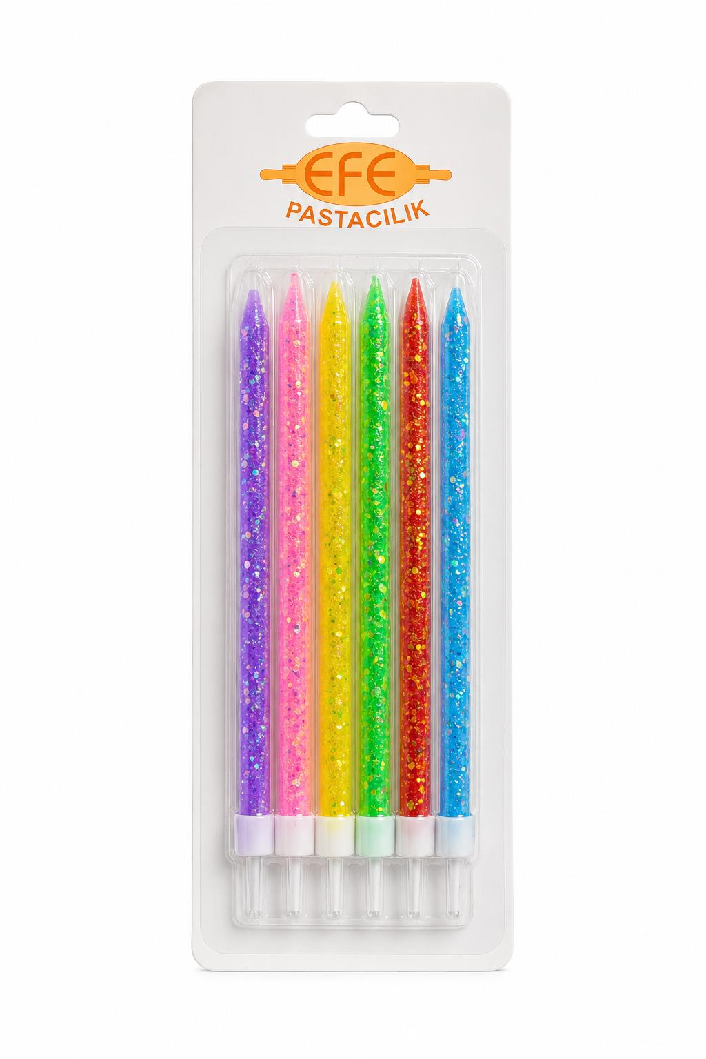 Uzun Pul Simli Karışık Renkli Pasta Mumu 17 Cm