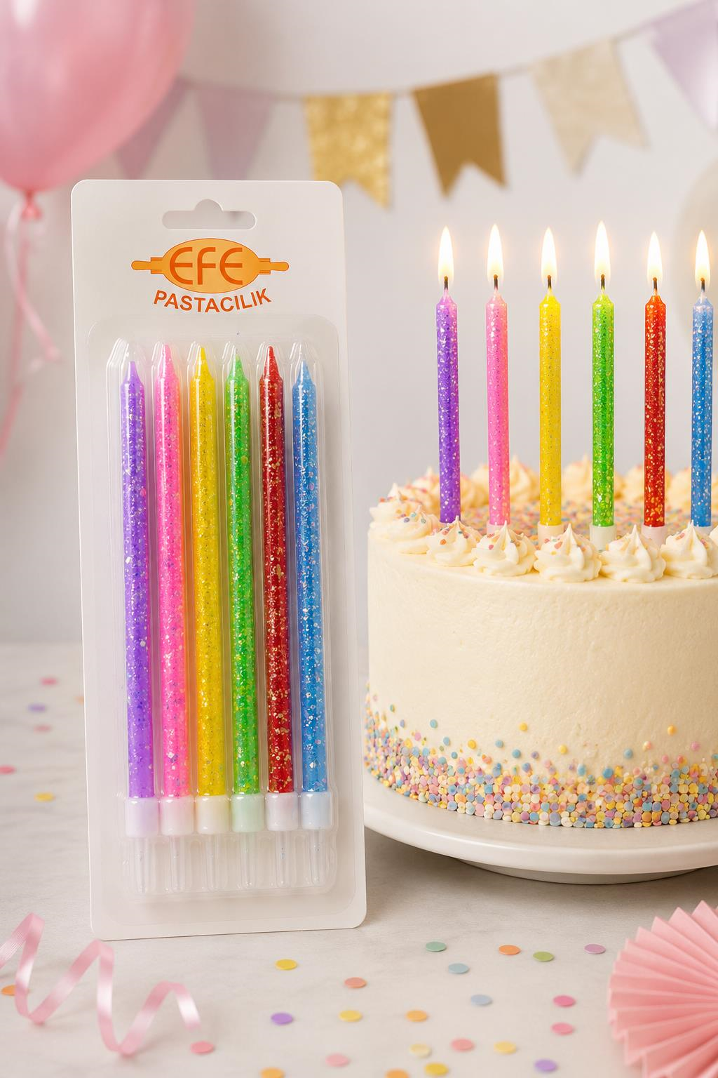 Uzun Pul Simli Karışık Renkli Pasta Mumu 17 Cm