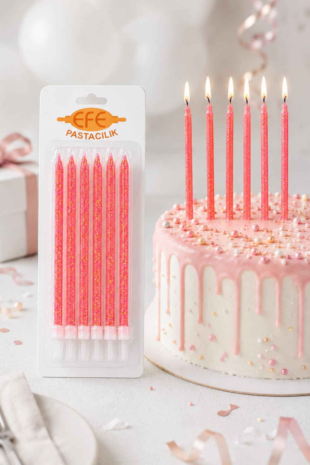 Pembe Gold Simli Uzun Pasta Mumu 17 Cm