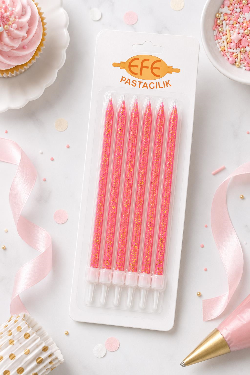 Pembe Gold Simli Uzun Pasta Mumu 17 Cm