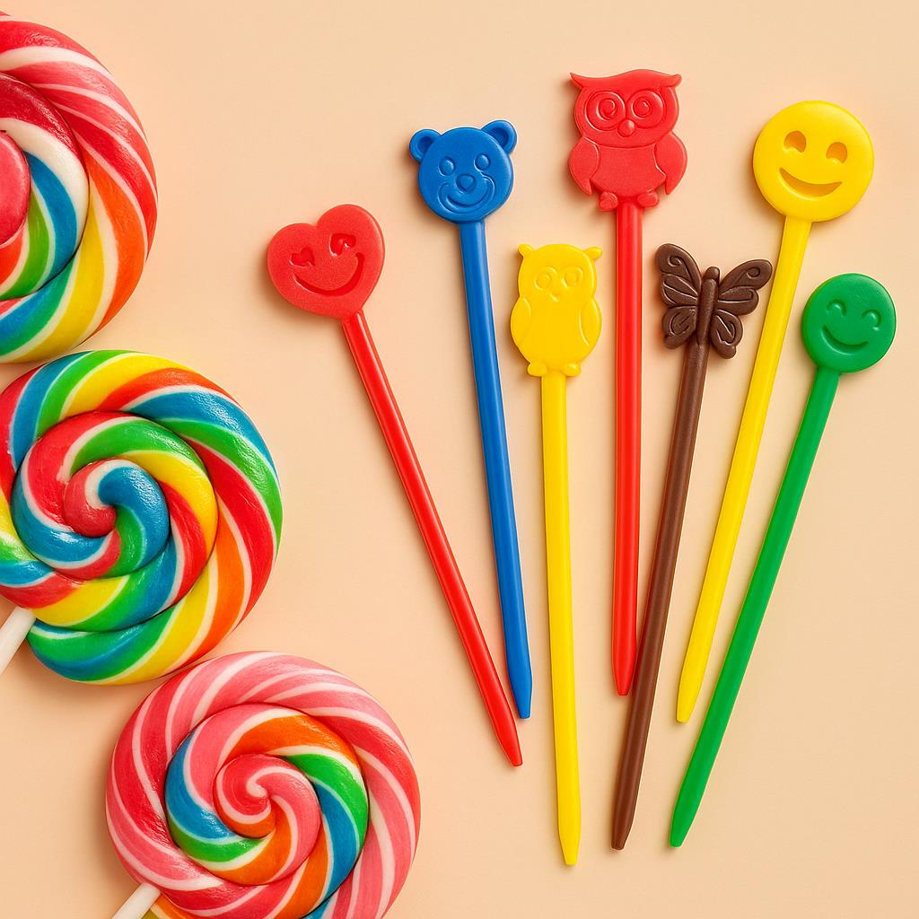 Efe Pastacılık Renkli Figürlü Plastik Lolipop ve Elma Şekeri Çubuğu - Emoji & Hayvan Desenli Doğum Günü Sunum Çubuğu 12li Paket