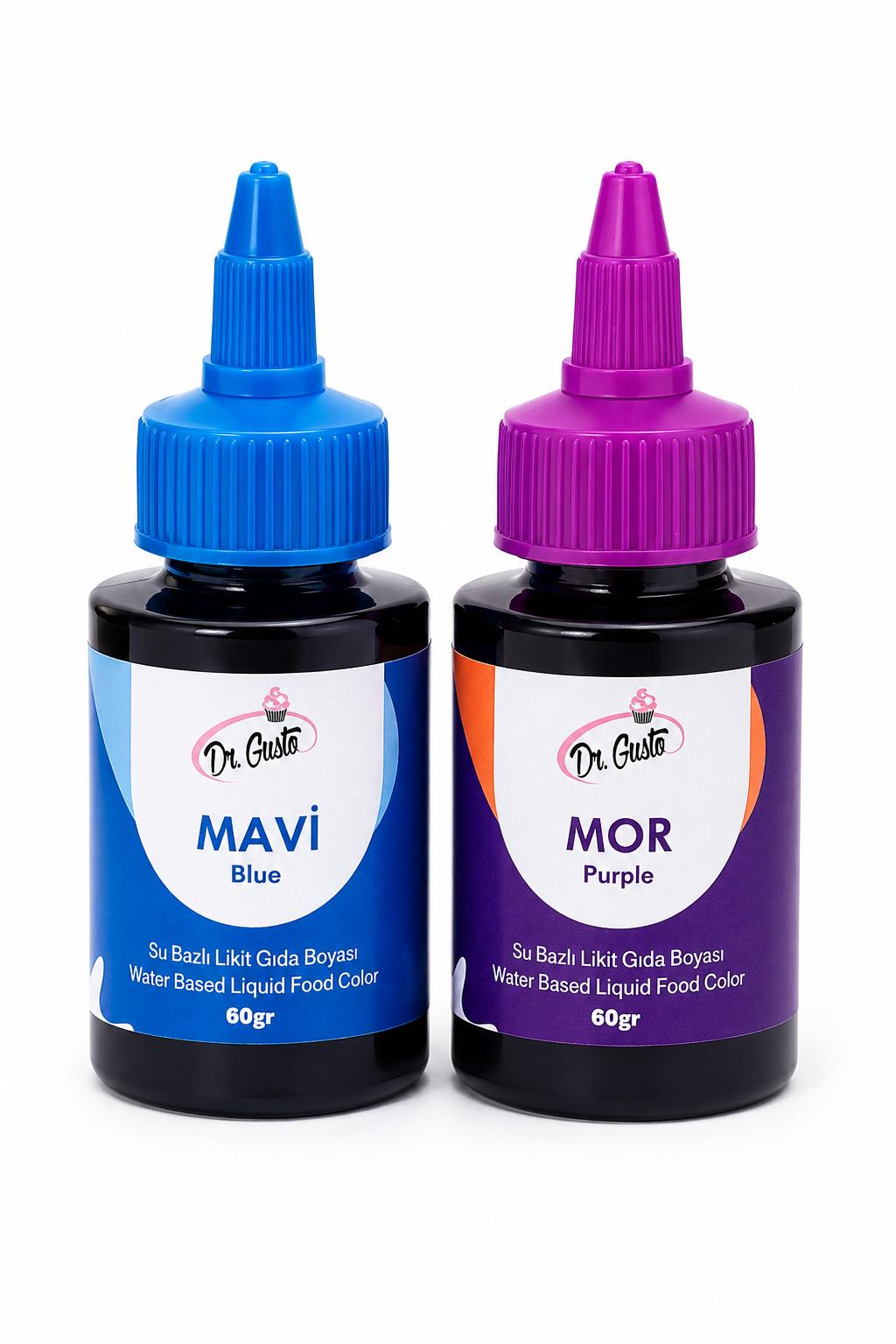Dr. GustoSu Bazlı Likit Gıda Boyası (60gr renkler) Mavi+Mor 2'li Set