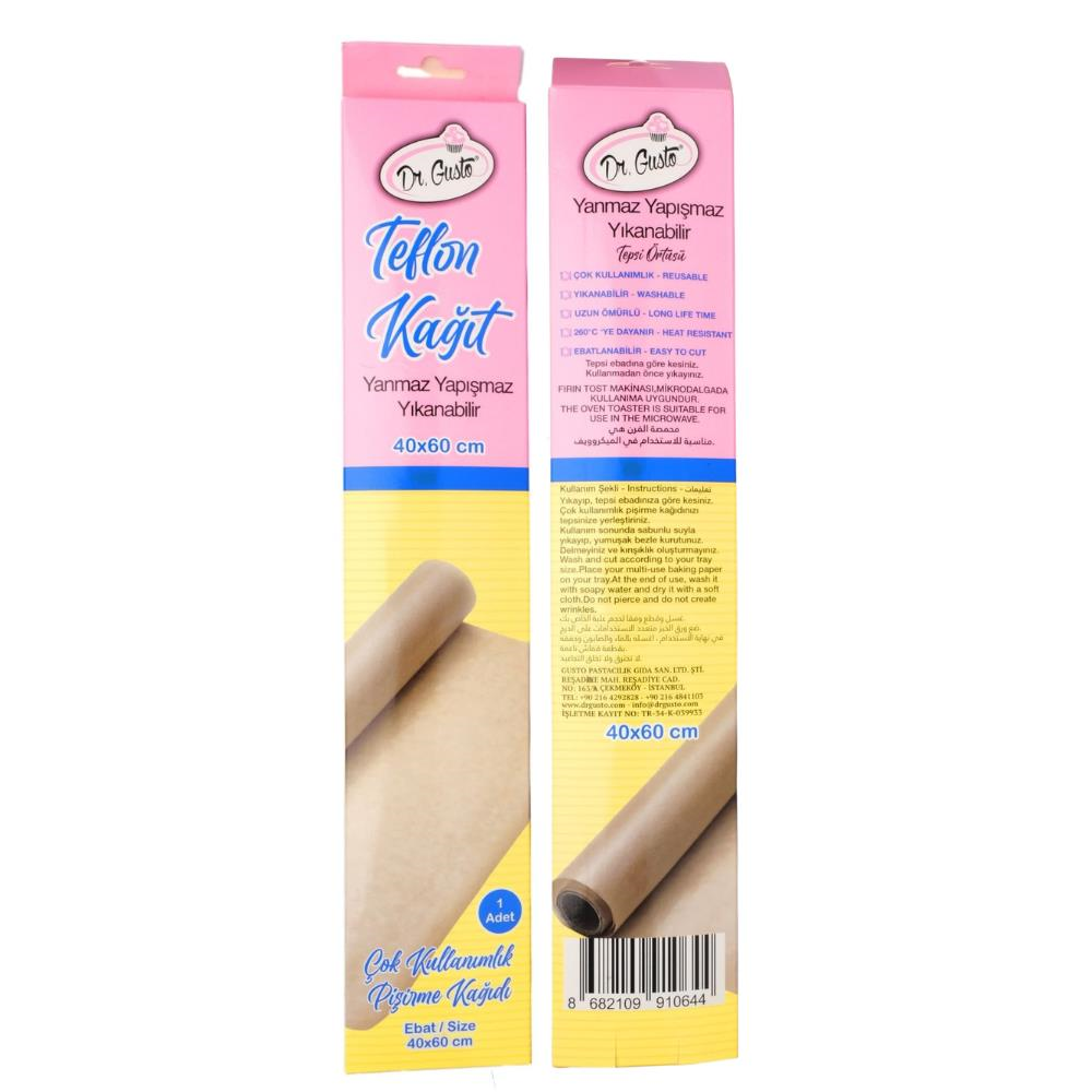 Dr. Gusto Yanmaz Yapışmaz Teflon Pat (Silpat) 40x60 cm - Yıkanabilir, 260°C Isıya Dayanıklı Fırın Matı & Hamur Açma Altlığı