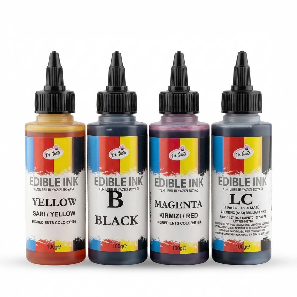 Dr. Gusto Yenilebilir Yazıcı Gıda Mürekkebi 115 ml 4lü Set - Siyah, Sarı, Magenta (Kırmızı), Cyan (Mavi) Cmyk Pasta Baskı Mürekkebi