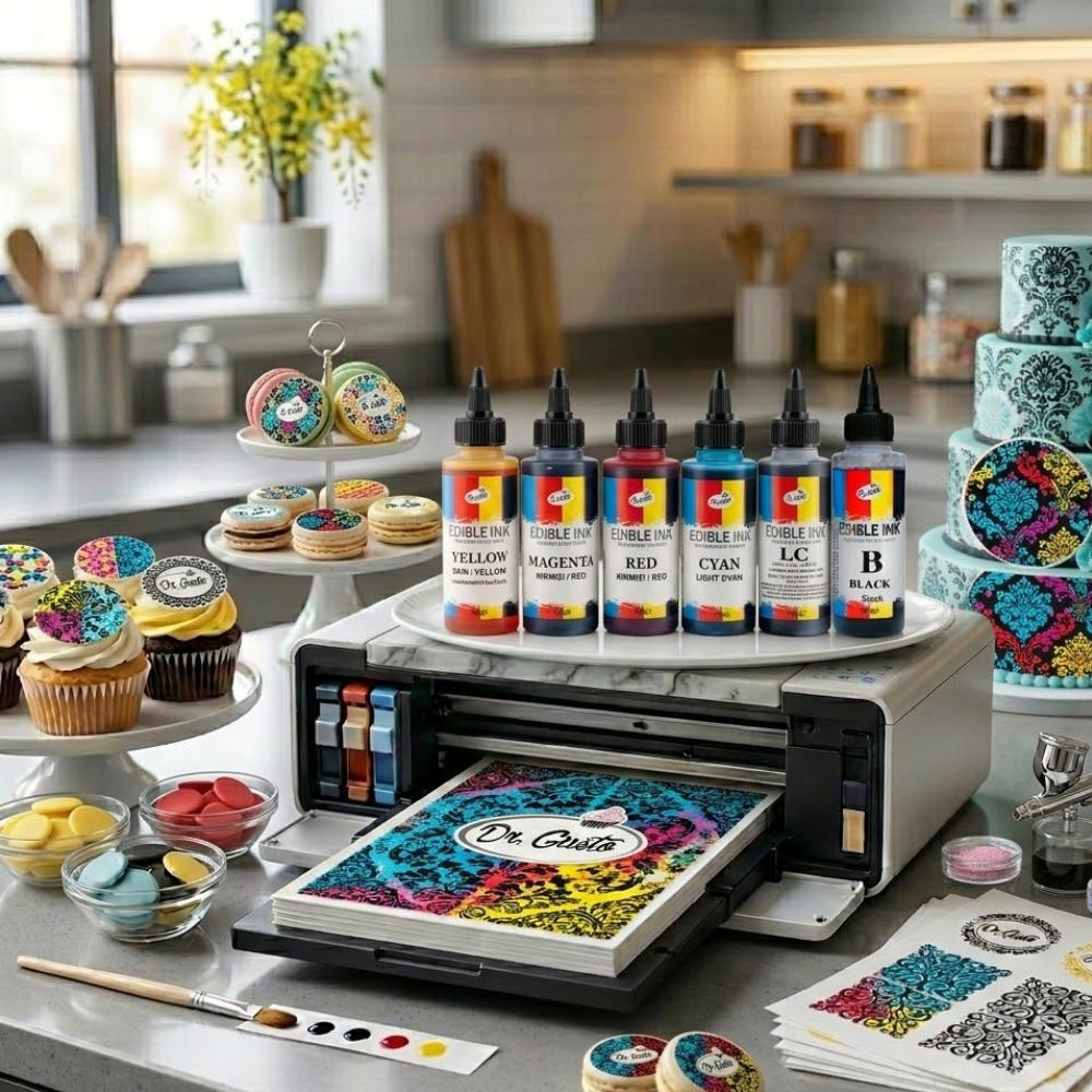Dr. Gusto Yenilebilir Yazıcı Gıda Mürekkebi 115 ml 4lü Set - Siyah, Sarı, Magenta (Kırmızı), Cyan (Mavi) Cmyk Pasta Baskı Mürekkebi