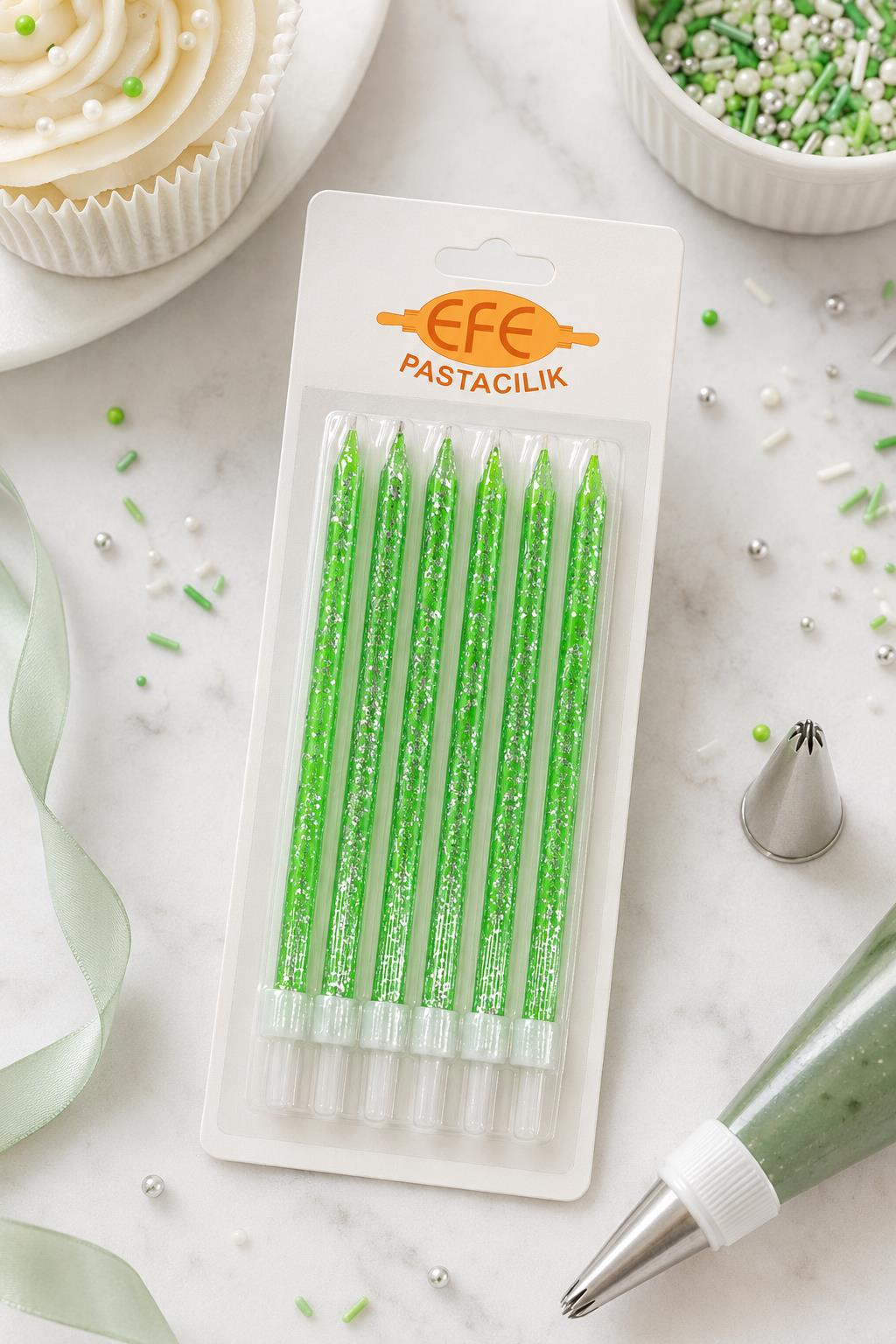 Yeşil Gümüş Simli Uzun Pasta Mumu 17 Cm