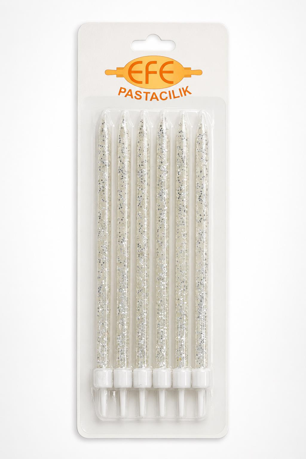 Beyaz Gümüş Simli Uzun Pasta Mumu 17 Cm