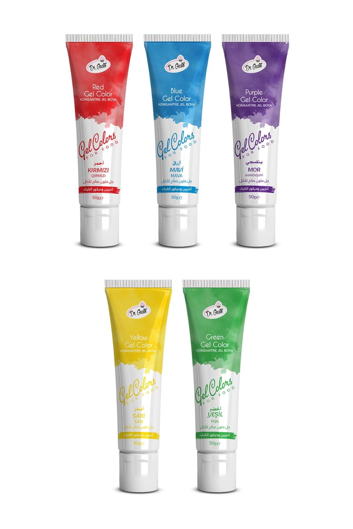 Dr. GustoJel Gıda Boyası Konsantre 5x50 GR 5'li Set Mavi Kırmızı Mor Sarı Yeşil