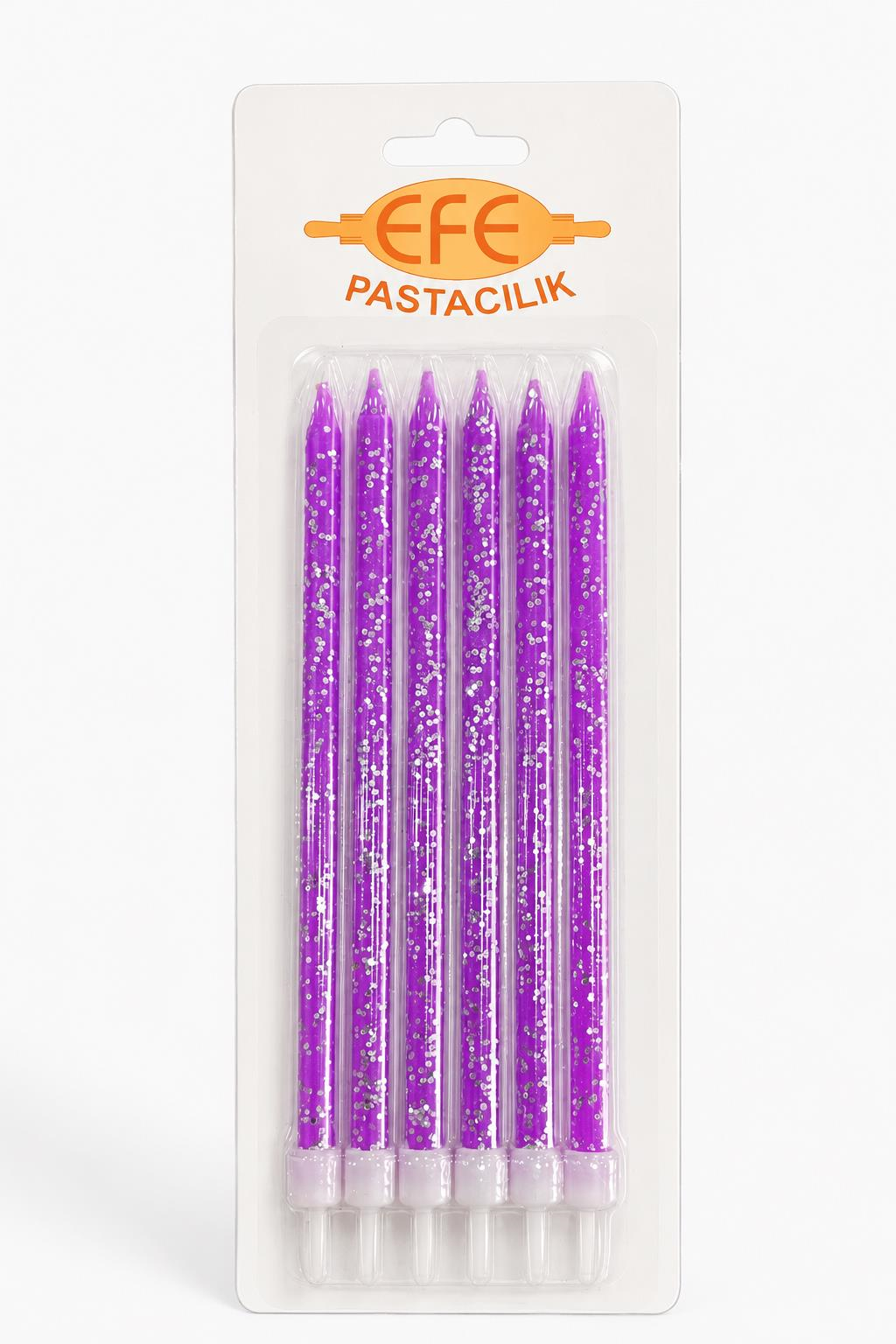 Mor Gümüş Simli Uzun Pasta Mumu 17 Cm