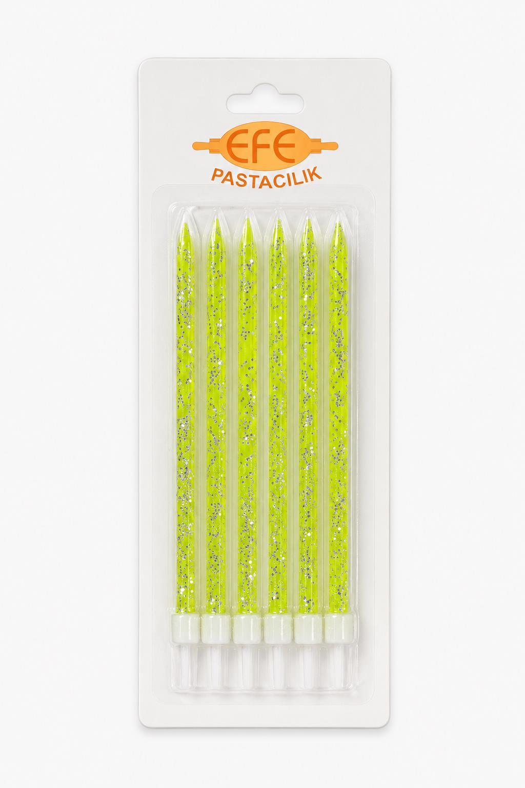 Neon Yeşil Gümüş Simli Uzun Pasta Mumu 17 Cm