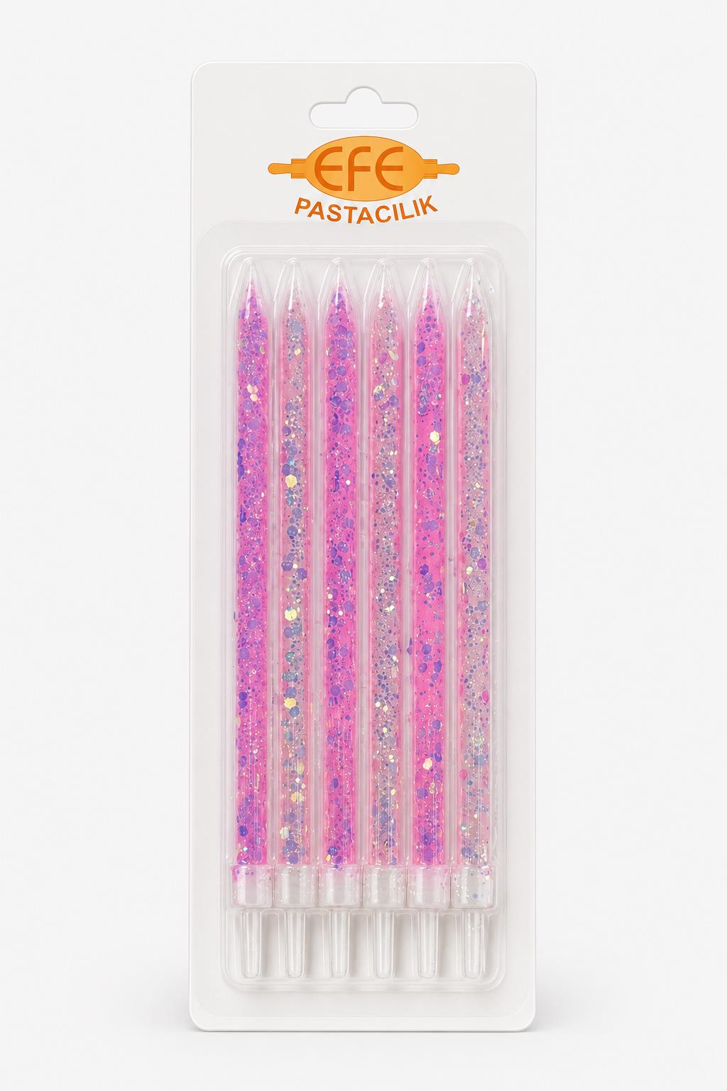 Pembe Beyaz Uzun Pul Simli Pasta Mumu 17 Cm