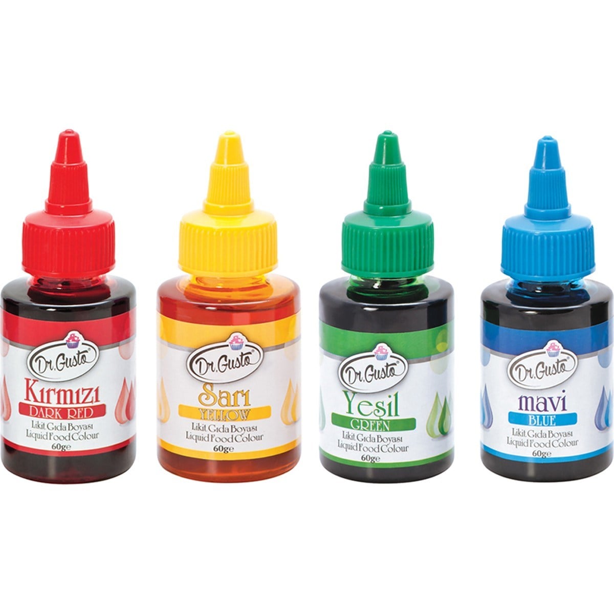 Dr. GustoSu Bazlı Likit Gıda Boyaları 4 Renk Bayrak Kırmızı-Sarı-Yeşil-Mavi 60 gr