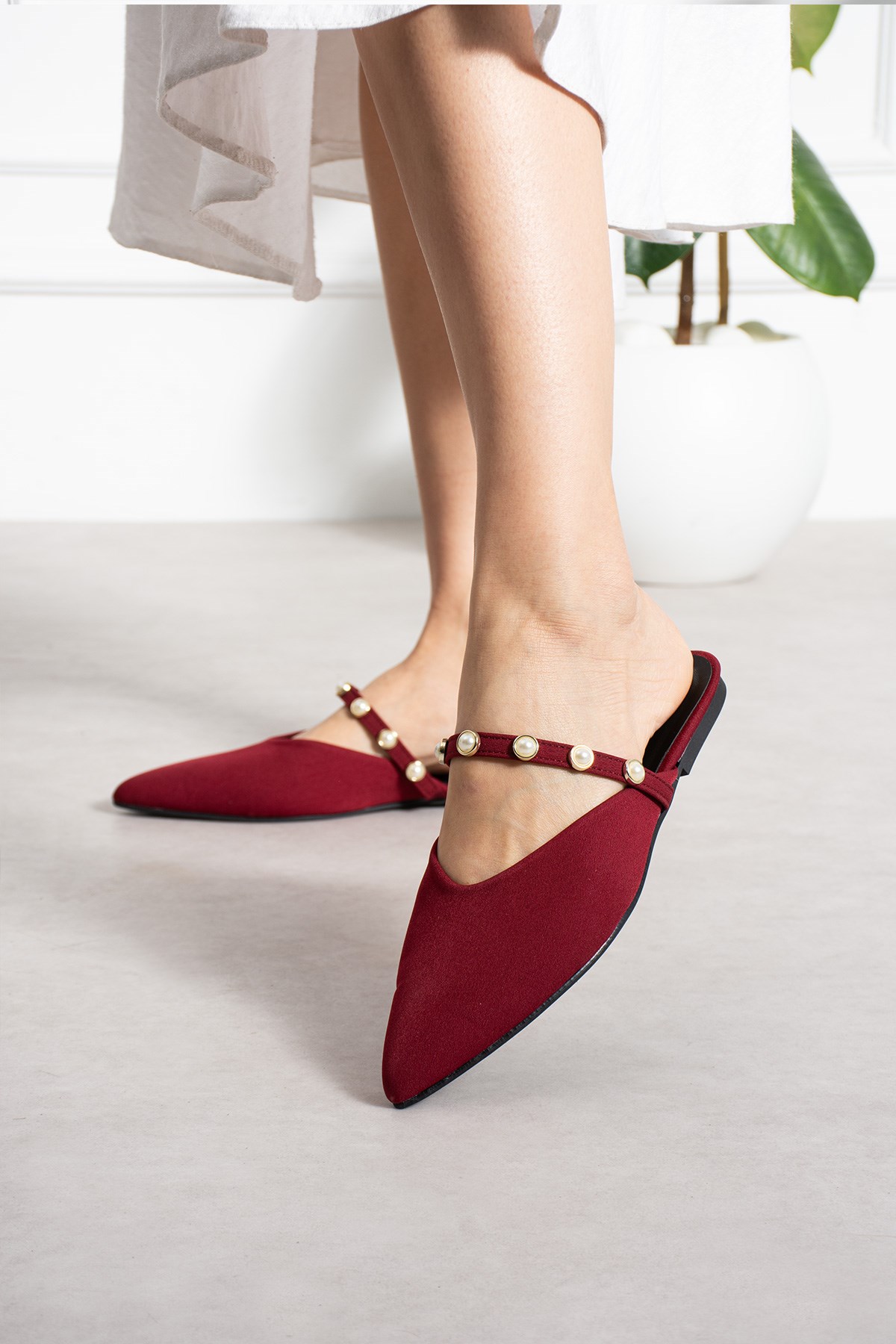 Pearl Bordo Mat Saten İnci Detaylı Terlik