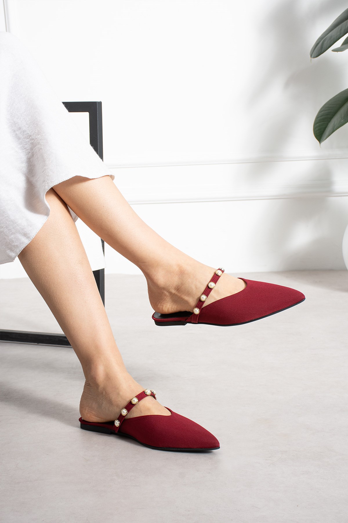 Pearl Bordo Mat Saten İnci Detaylı Terlik