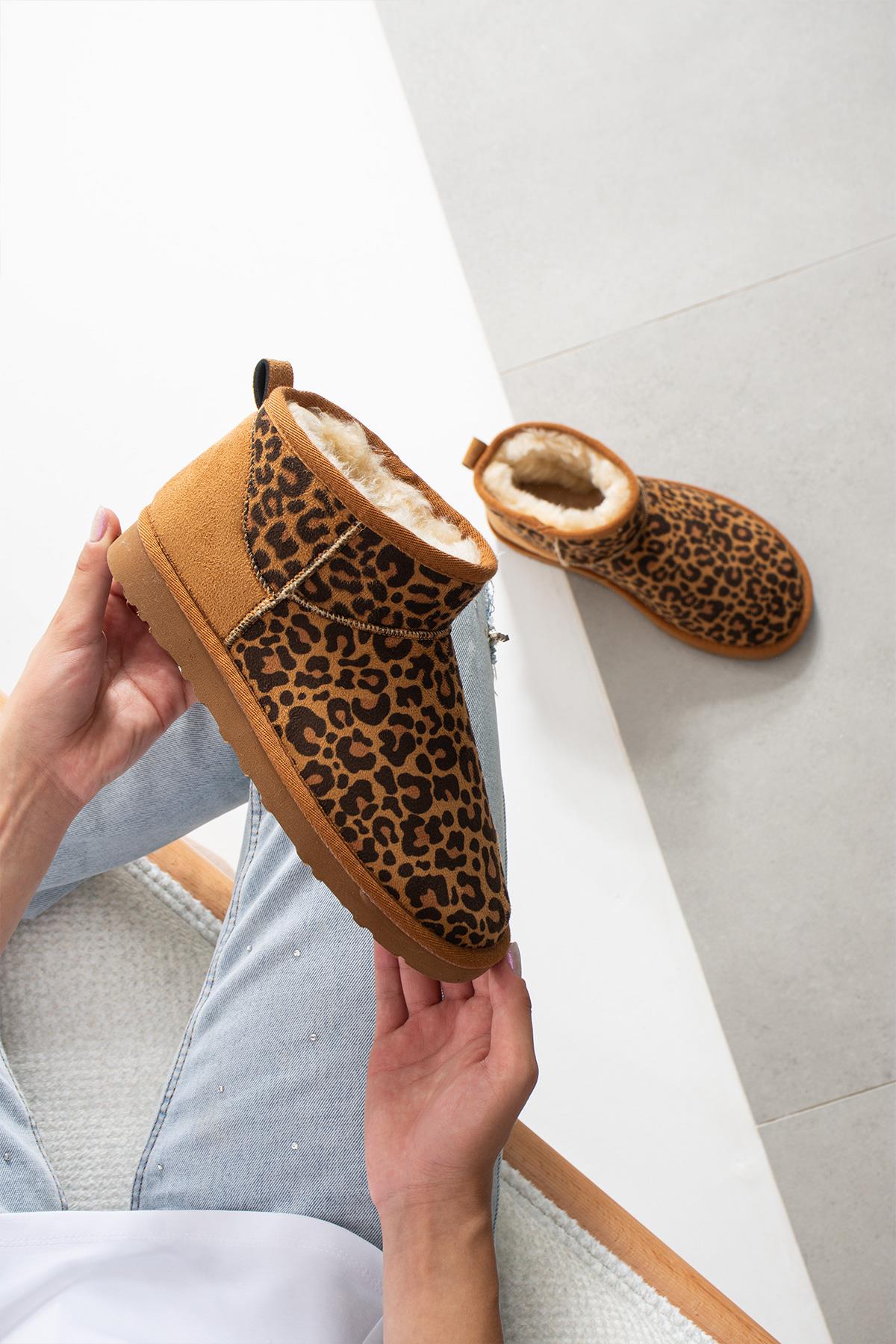 Ultra Mini Taba Leopar Desen Süet İçi Peluşlu Düz Taban Kadın Bot