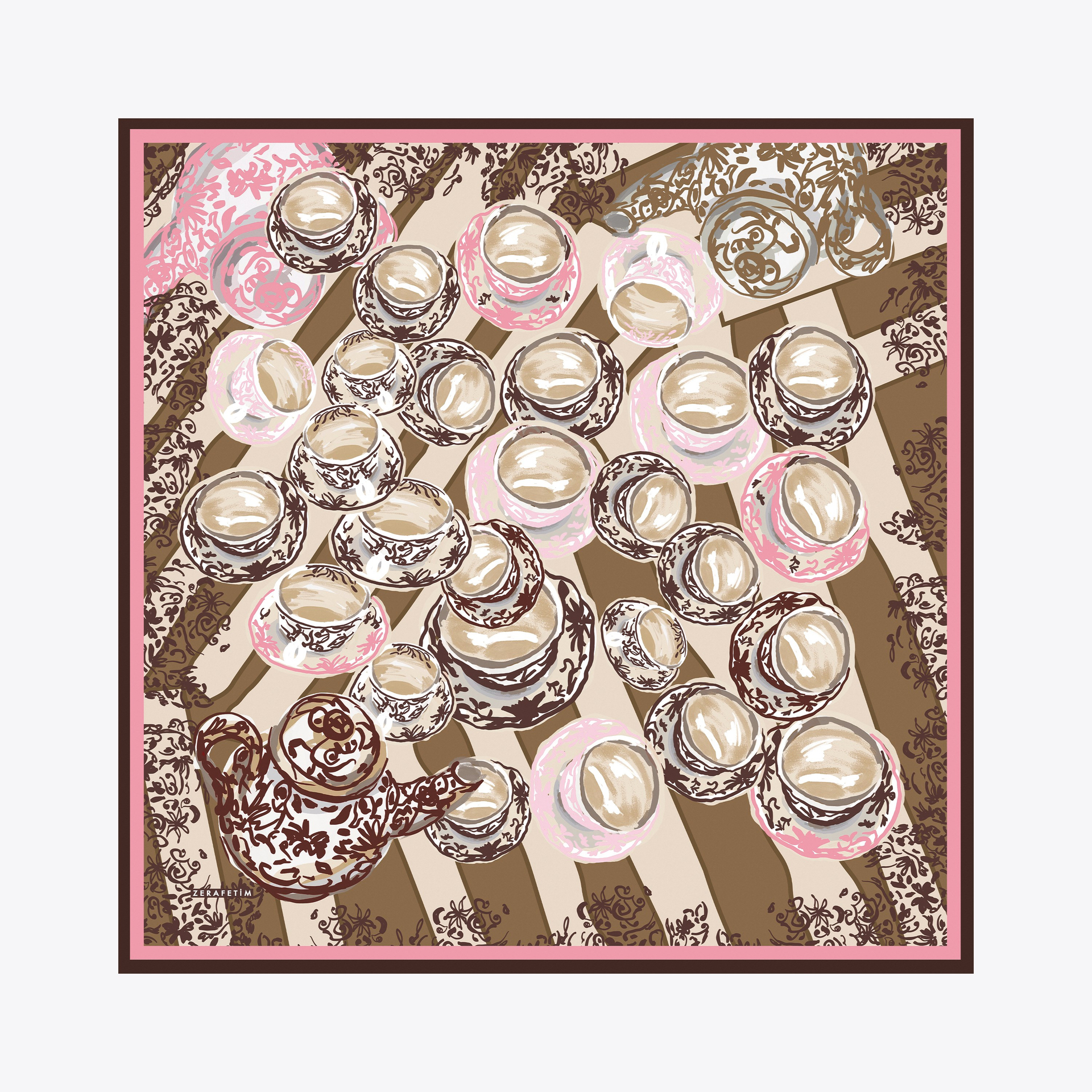 Tea Cup Desen İpek Twill Eşarp