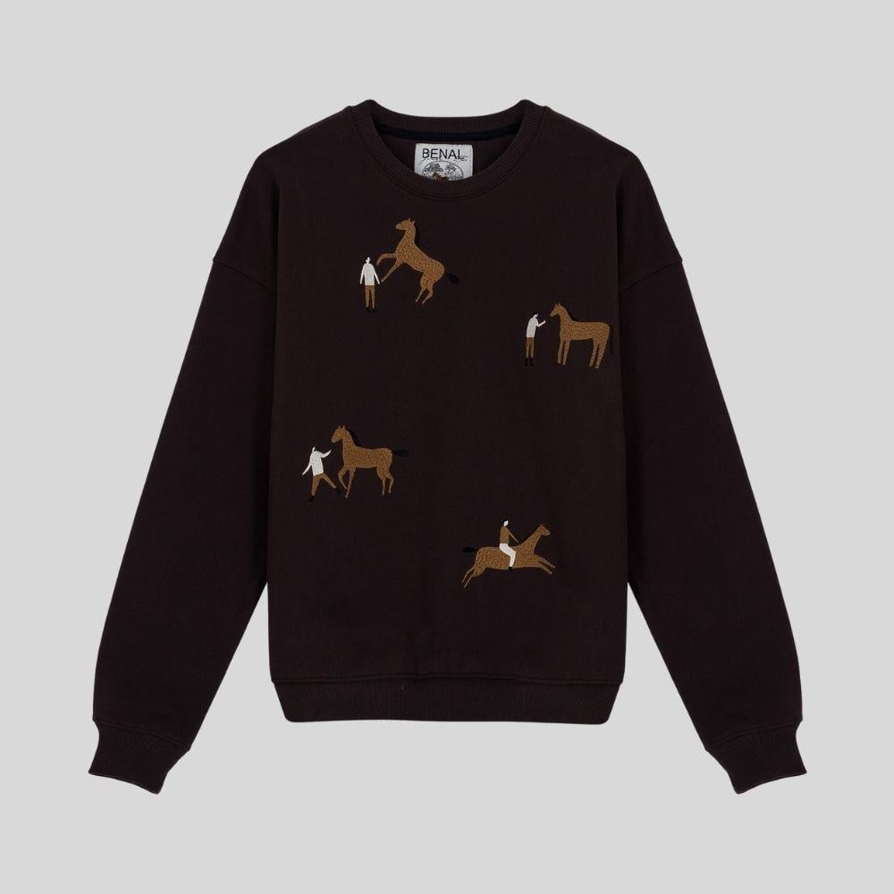 Kovboy nakışlı oversize kahverengi sweatshirt-004