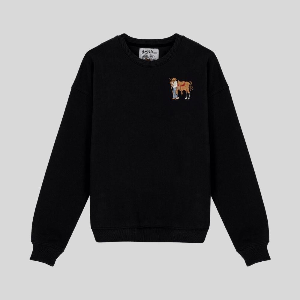 Kovboy nakışlı oversize siyah sweatshirt-001
