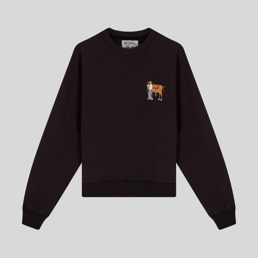 Sessiz Bağ Nakışlı Bisiklet Yaka Reylan Kol Kahverengi Sweatshirt
