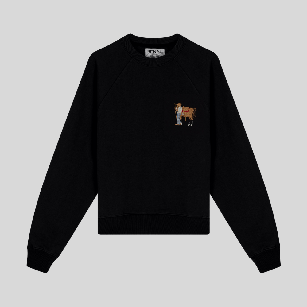 Sessiz Bağ Nakışlı Bisiklet Yaka Reylan Kol Siyah Sweatshirt