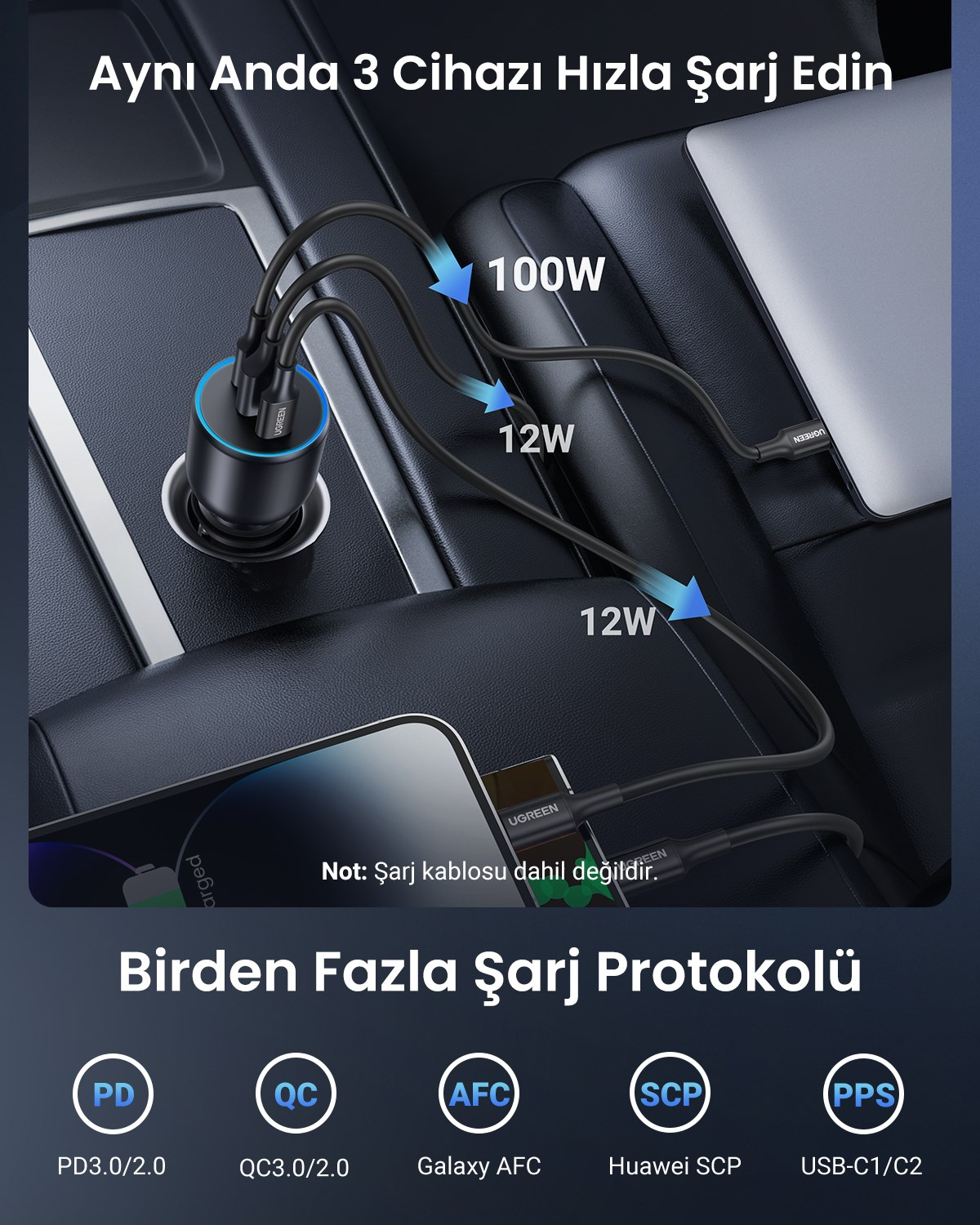 UGREEN 130W QC PD Hızlı Araç İçi Şarj Cihazı Çakmaklık Adaptörü 2xUSB-C, 1xUSB-A, Siyah, 90413