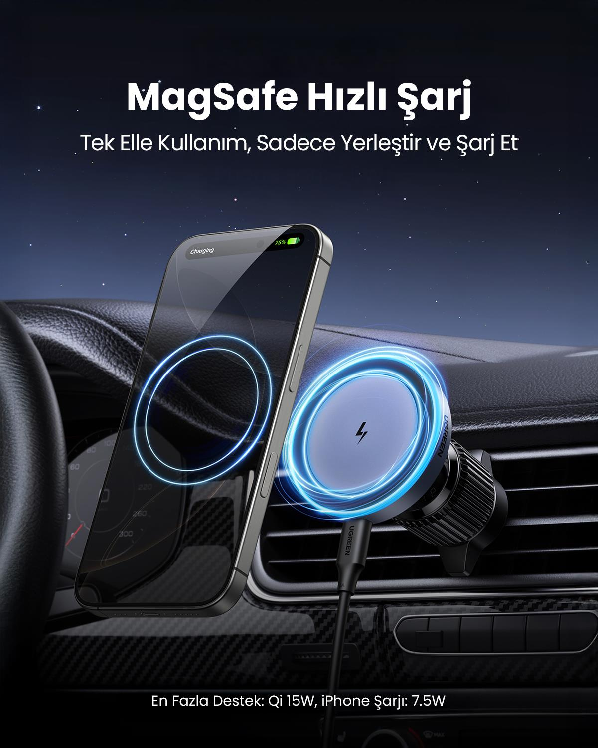 UGREEN 15W Magsafe Kablosuz Araç İçi Manyetik Hızlı Şarj Cihazı, 35029