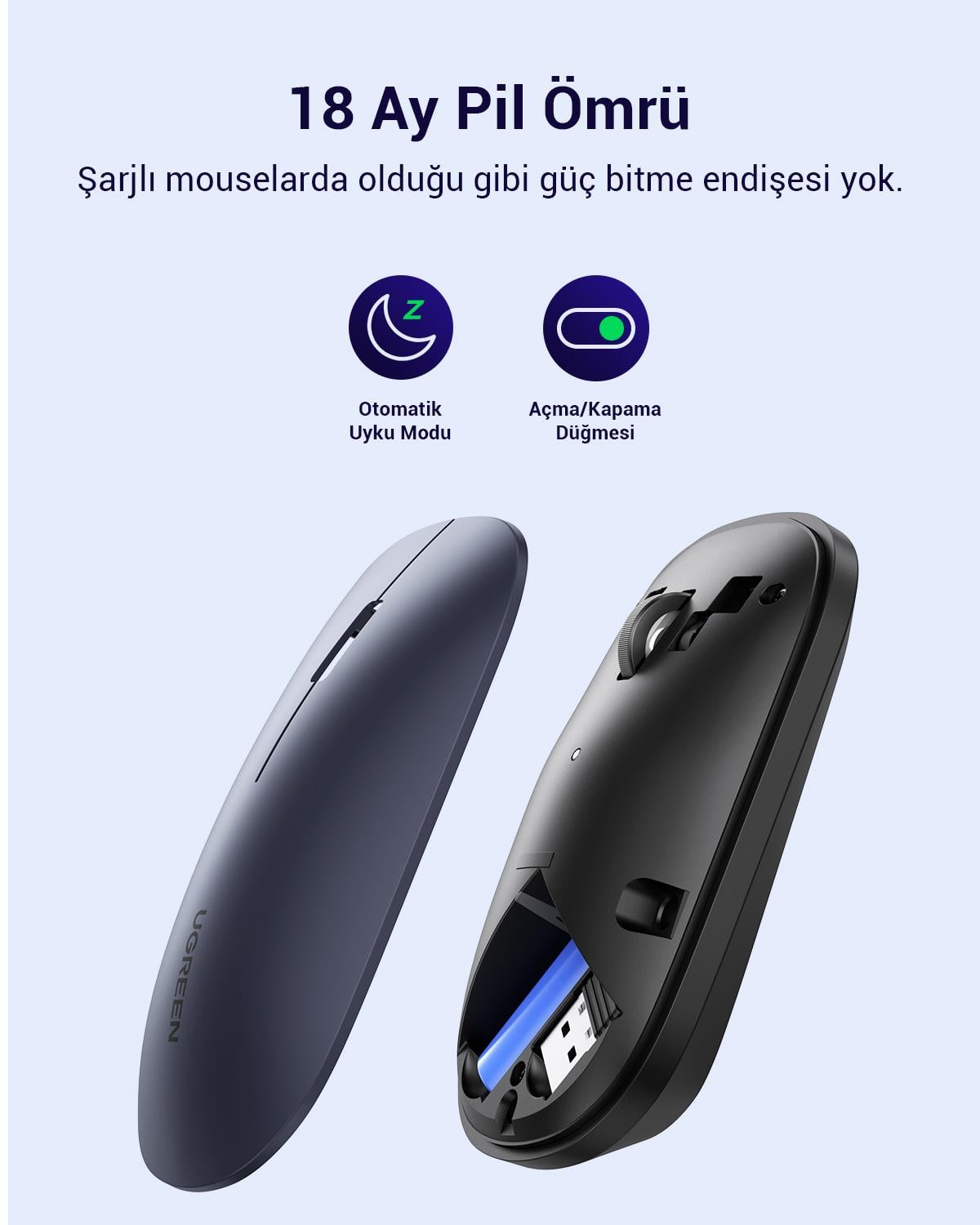 UGREEN 2.4Ghz USB Bağlantısı, 4000 Dpi, Sessiz Tuşlu Kablosuz Optik Mouse, Siyah, 90372