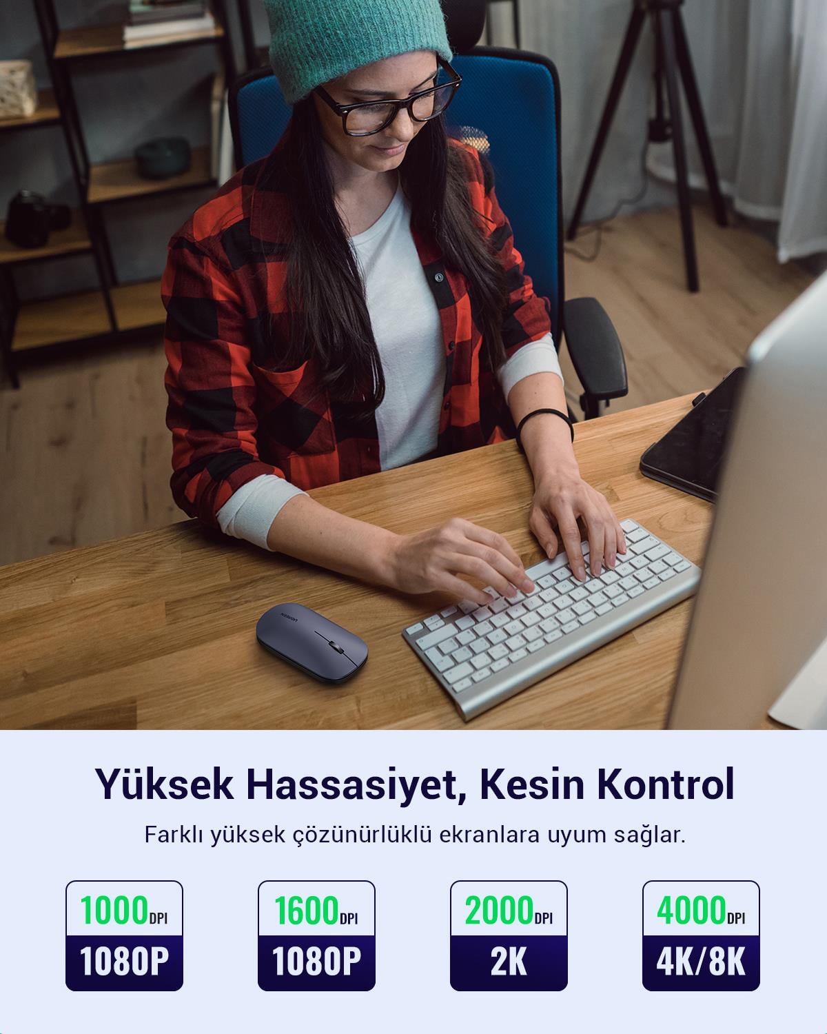 UGREEN 2.4Ghz USB Bağlantısı, 4000 Dpi, Sessiz Tuşlu Kablosuz Optik Mouse, Siyah, 90372