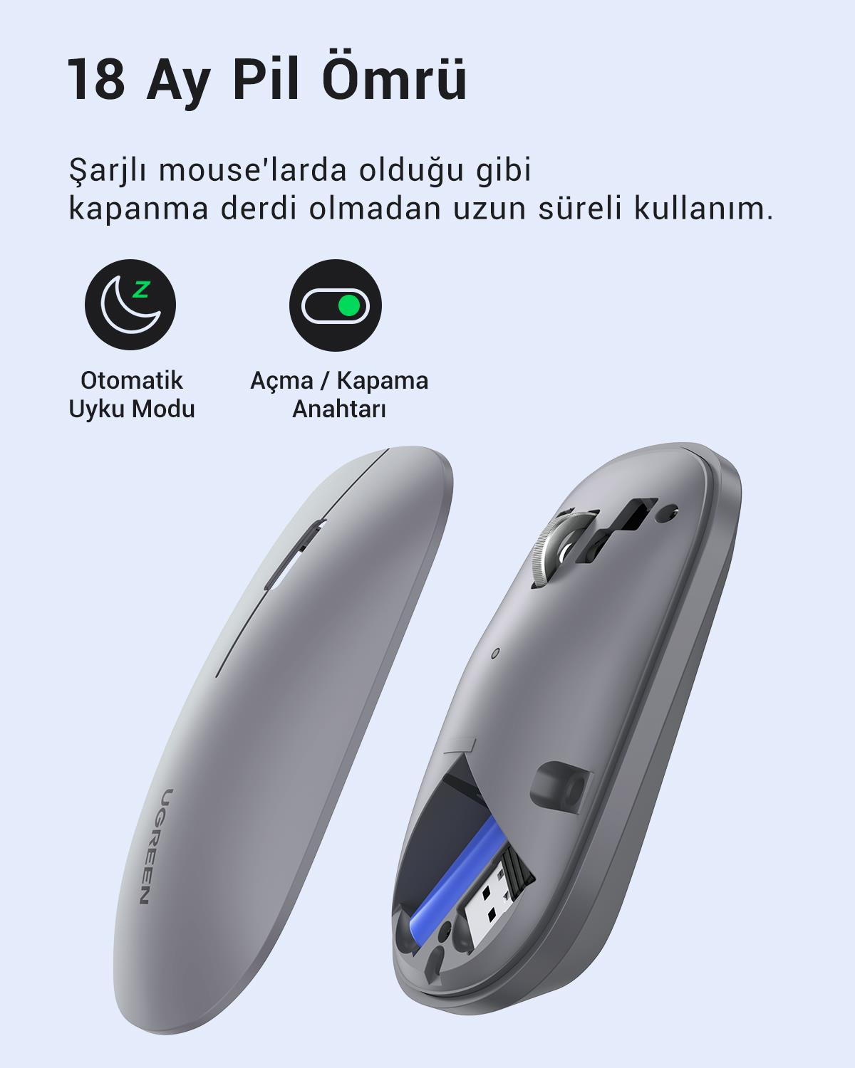 UGREEN 2.4Ghz USB Bağlantısı, 4000 Dpi, Sessiz Tuşlu Kablosuz Optik Mouse, Gri, 90373