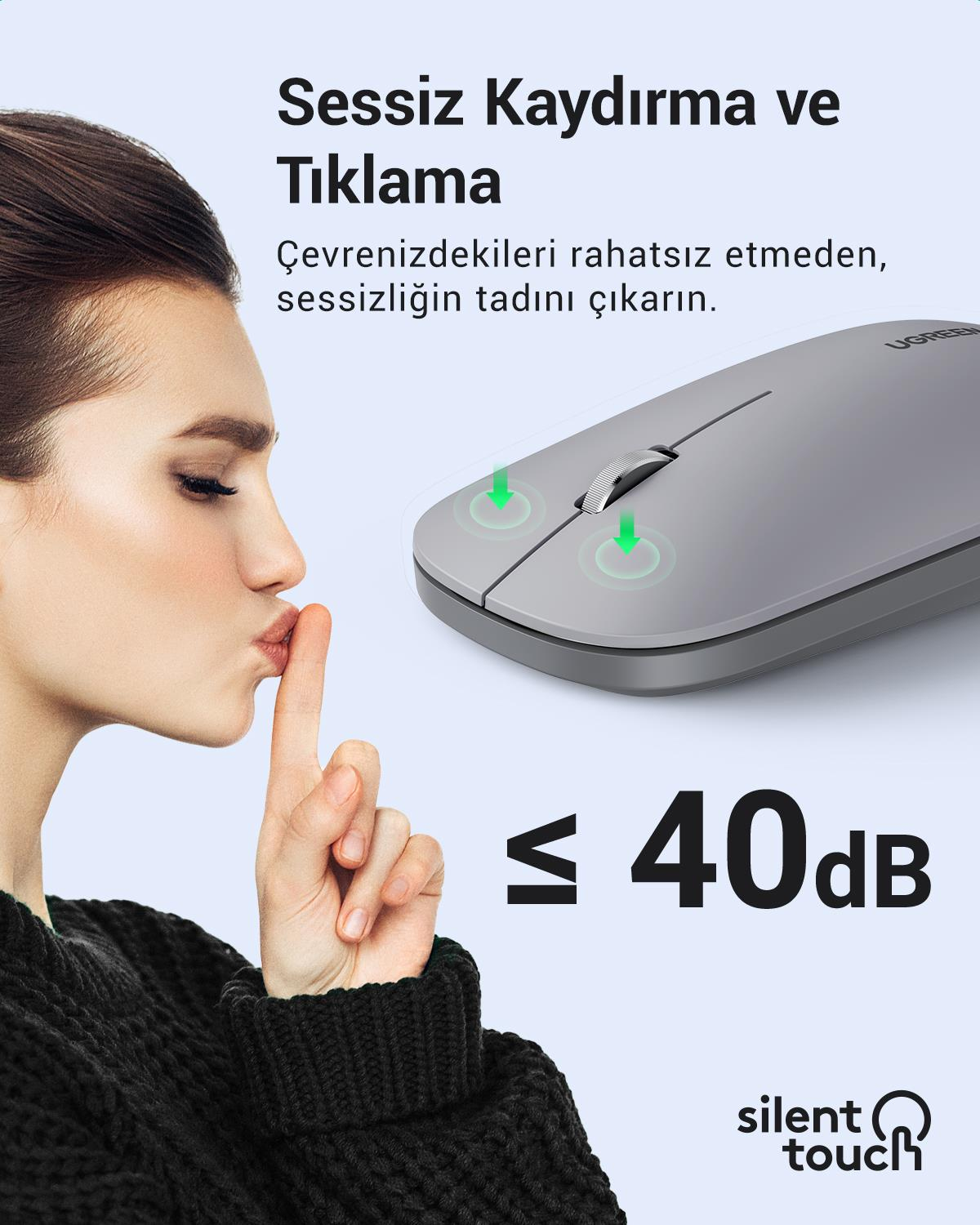 UGREEN 2.4Ghz USB Bağlantısı, 4000 Dpi, Sessiz Tuşlu Kablosuz Optik Mouse, Gri, 90373