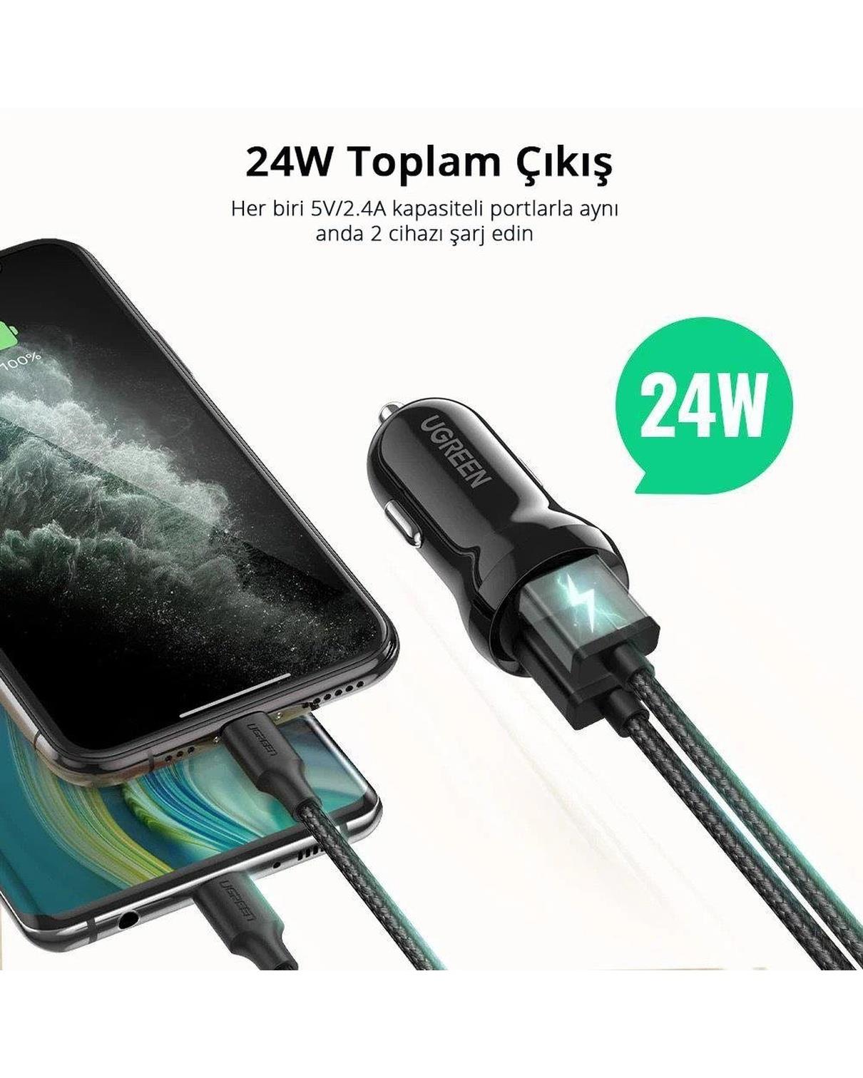 UGREEN 24W Araç Çakmaklık Şarj Cihazı 2xUSB-A, Siyah, 50875