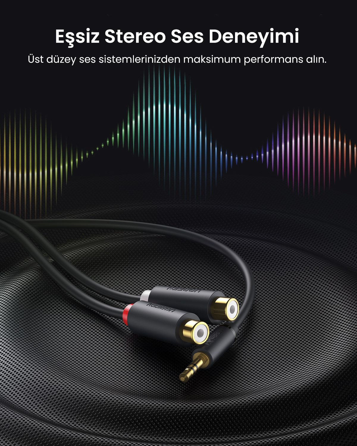UGREEN 3.5mm Erkek - 2 RCA Dişi Jaklı Stereo Ses Kablosu Y Adaptörü Altın Kaplama Kulaklık Kablosu, 25cm, 10547