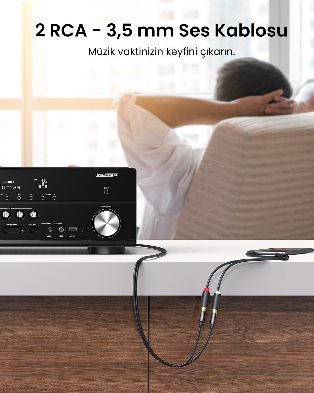UGREEN 3.5mm Erkek - 2 RCA Dişi Jaklı Stereo Ses Kablosu Y Adaptörü Altın Kaplama Kulaklık Kablosu, 25cm, 10547
