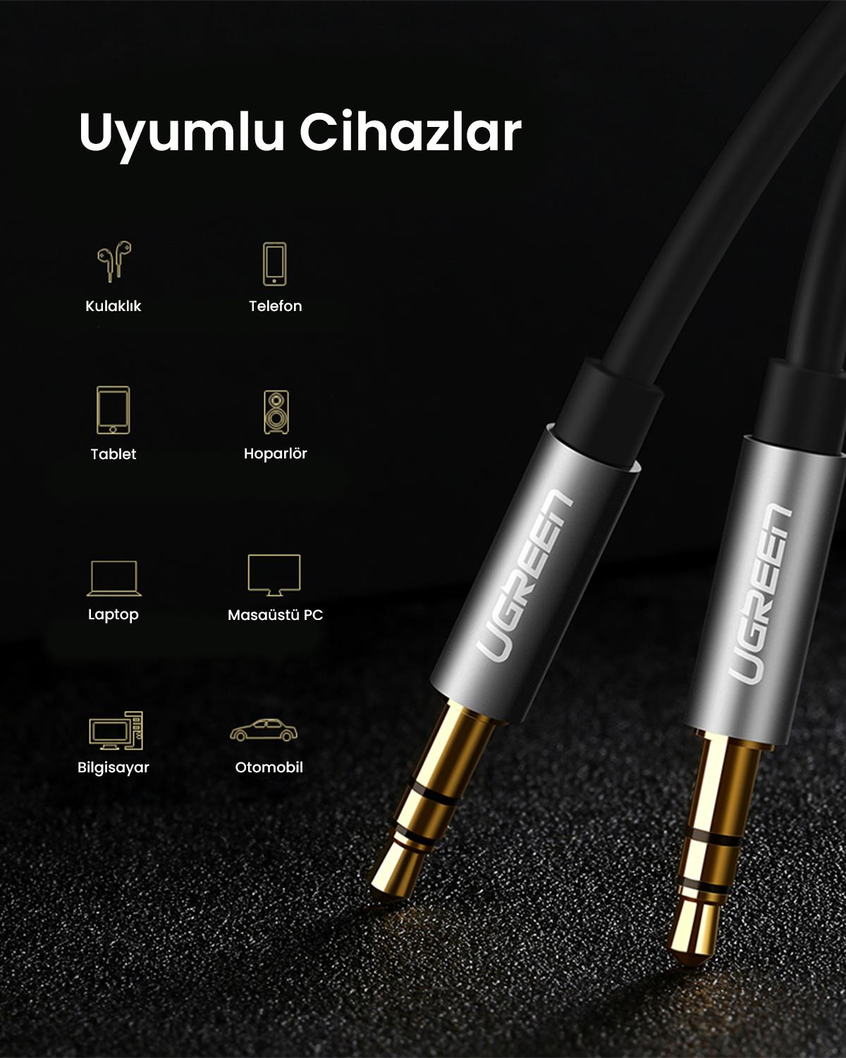 UGREEN 3.5mm Aux Ses Kablosu, 2m, Siyah, 10735