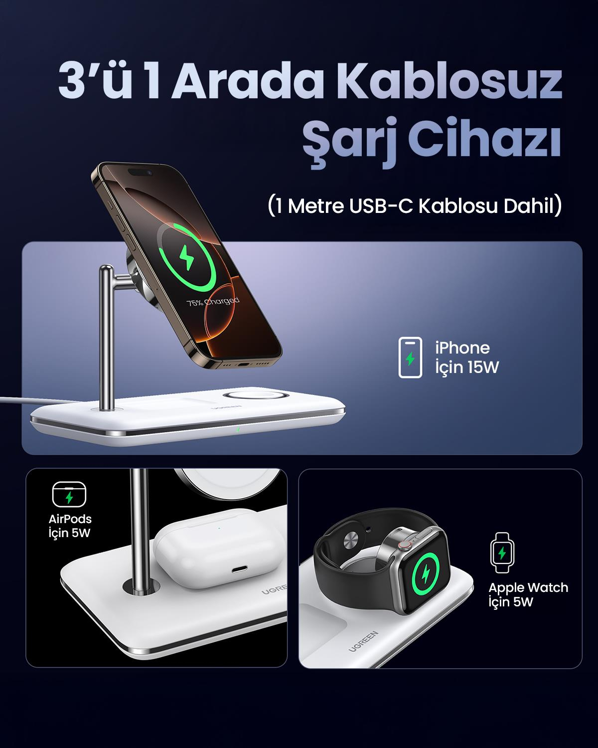 UGREEN 3ü 1 Arada MagSafe 25W Kablosuz Şarj Standı, 90326