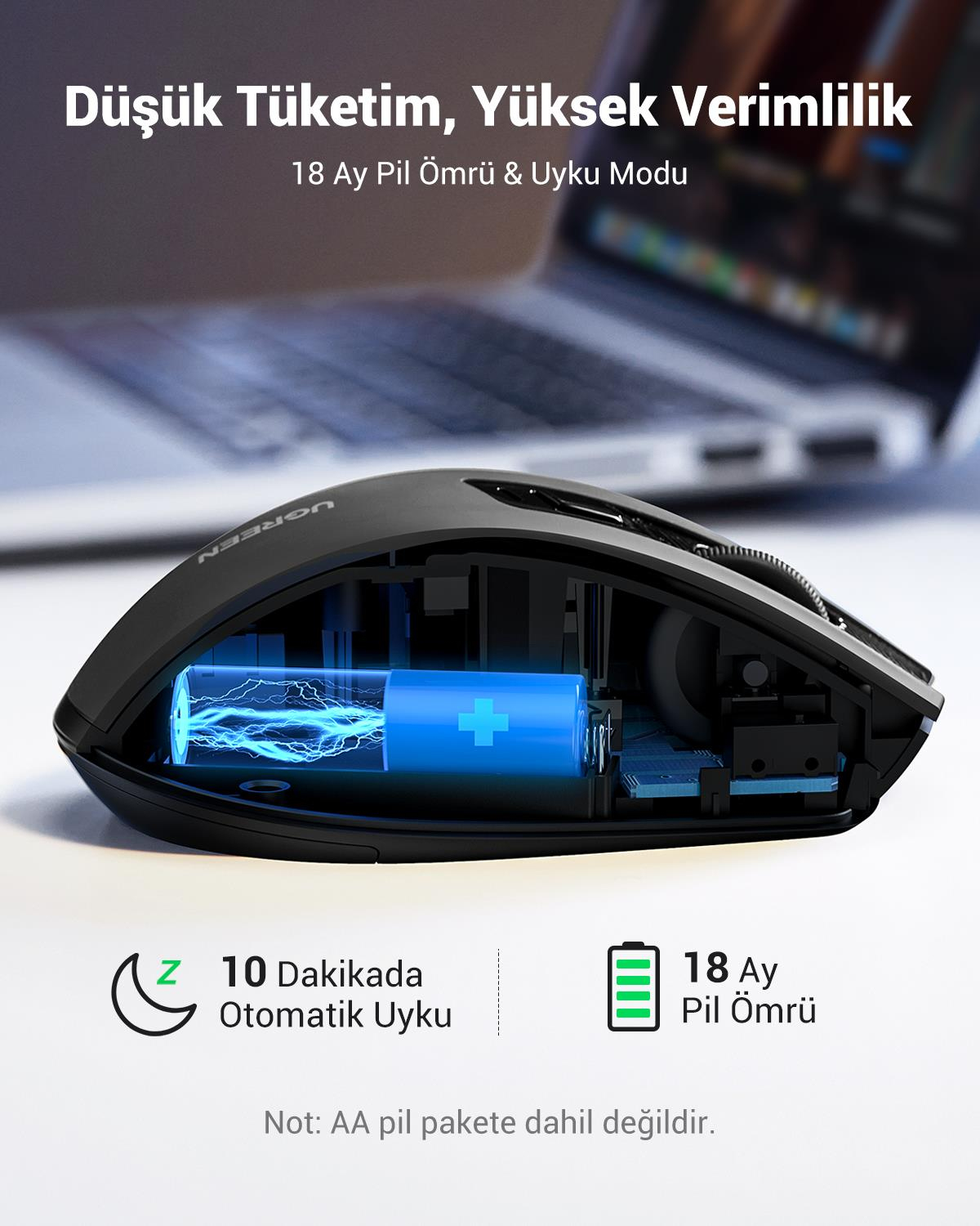 UGREEN 4.000 DPI Ergonomik Sessiz Kablosuz Optik Mouse, 90545