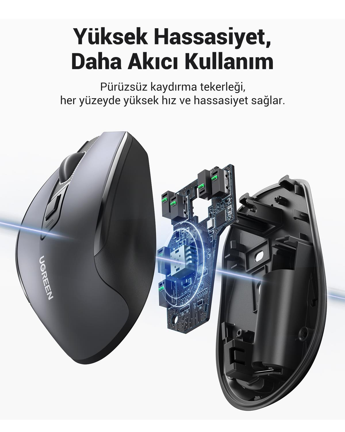 UGREEN 4.000 DPI Ergonomik Sessiz Kablosuz Optik Mouse, 90545