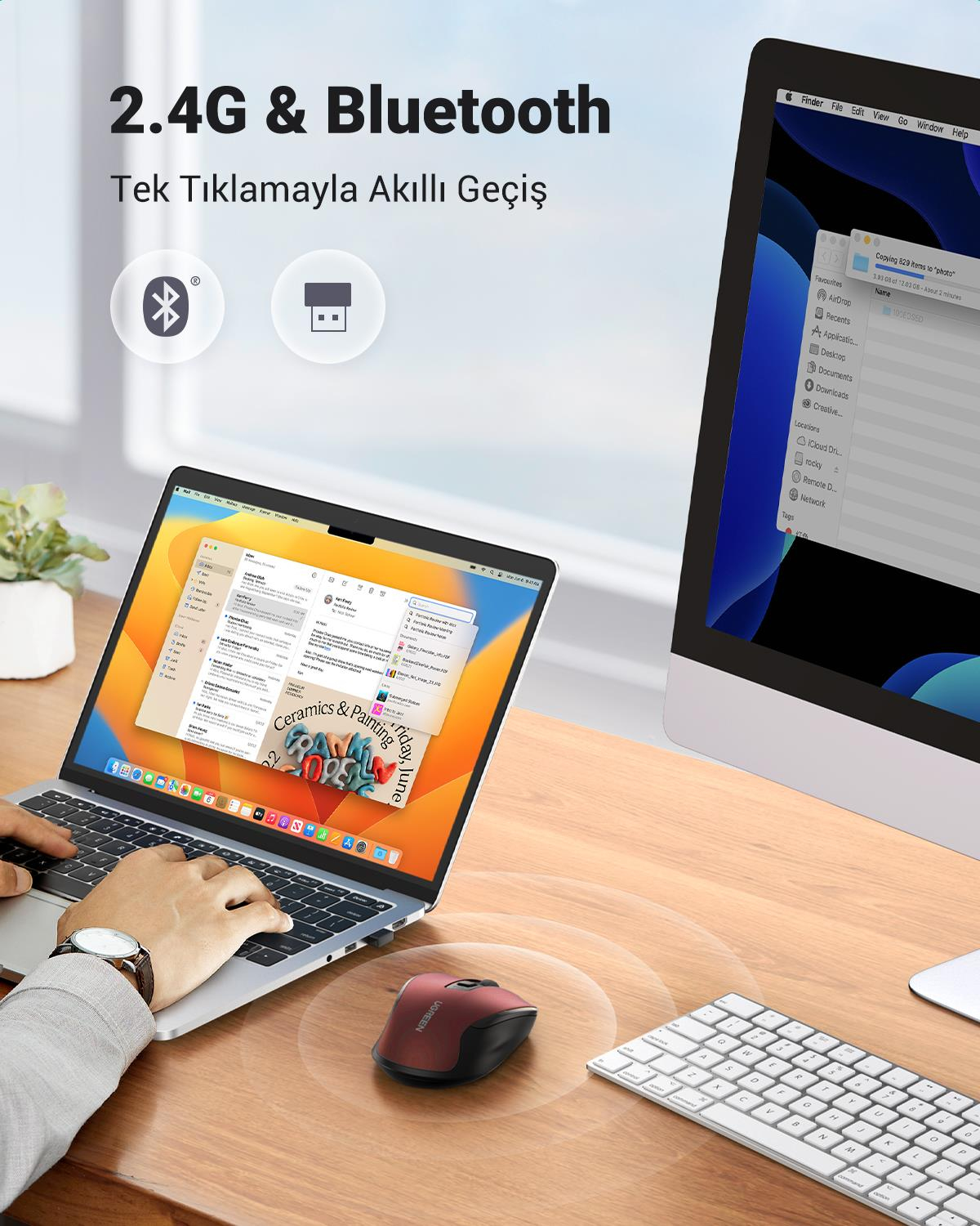 UGREEN 4.000 DPI Ergonomik Sessiz Kablosuz Optik Mouse, Kırmızı, 25752