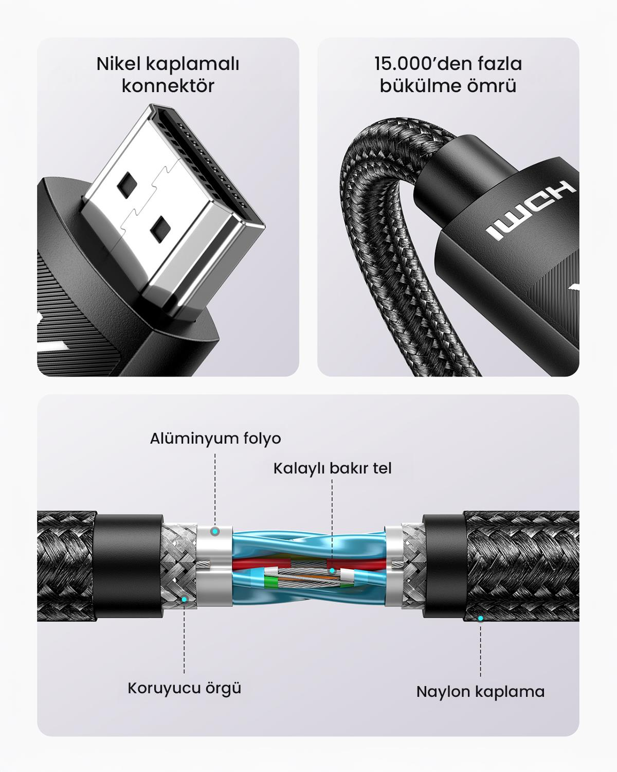 UGREEN 4K 60 Hz HDMI 2.0 Örgülü Görüntü Aktarıma Kablosu 3 Metre, 40102
